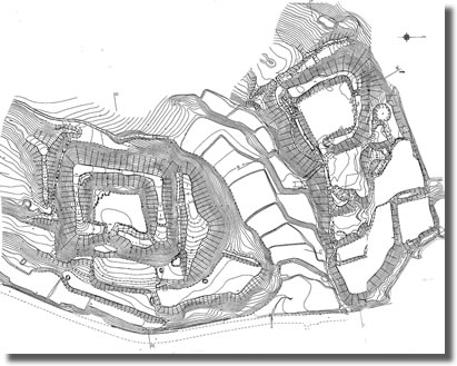 甲賀の城の典型とである「単郭方形四方土塁」の構造をもつ新宮城（右）と新宮支城（左）