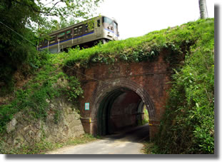 草津線電車と関西鉄道時代の遺構である国分橋梁（水口町高山）